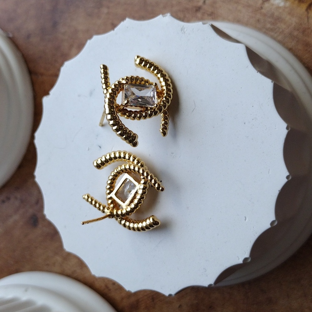 Gold Crystal Stud Earrings - Picture 2 of 2